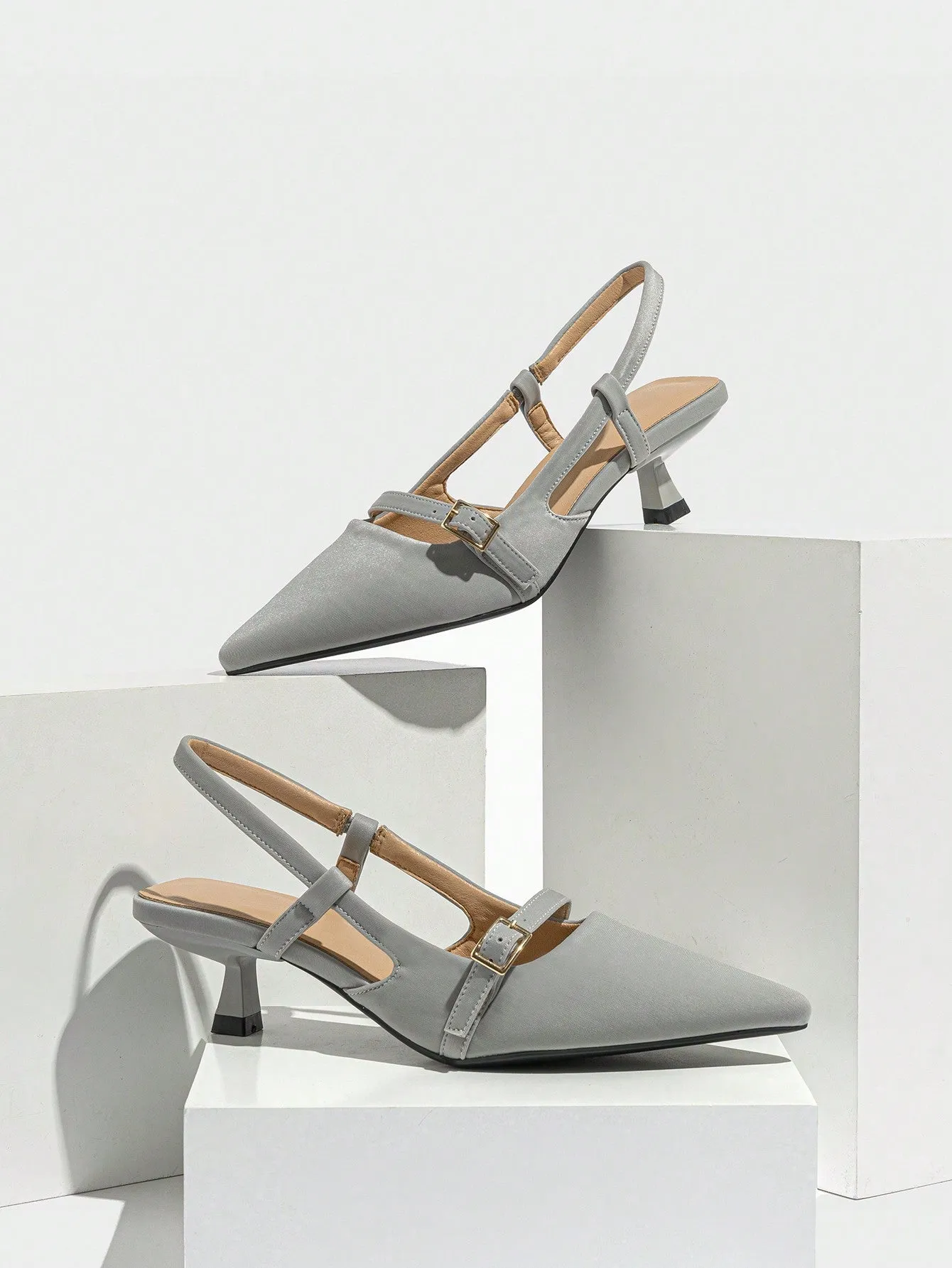 Women's Pointed Toe Buckle Strap Solid Color Low Heel Shoes, Fashionable Open Toe Slip-On Office Work Pumps Suitable For Spring Summer Autumn Winter Formal Occasions, Grey Dress Shoes