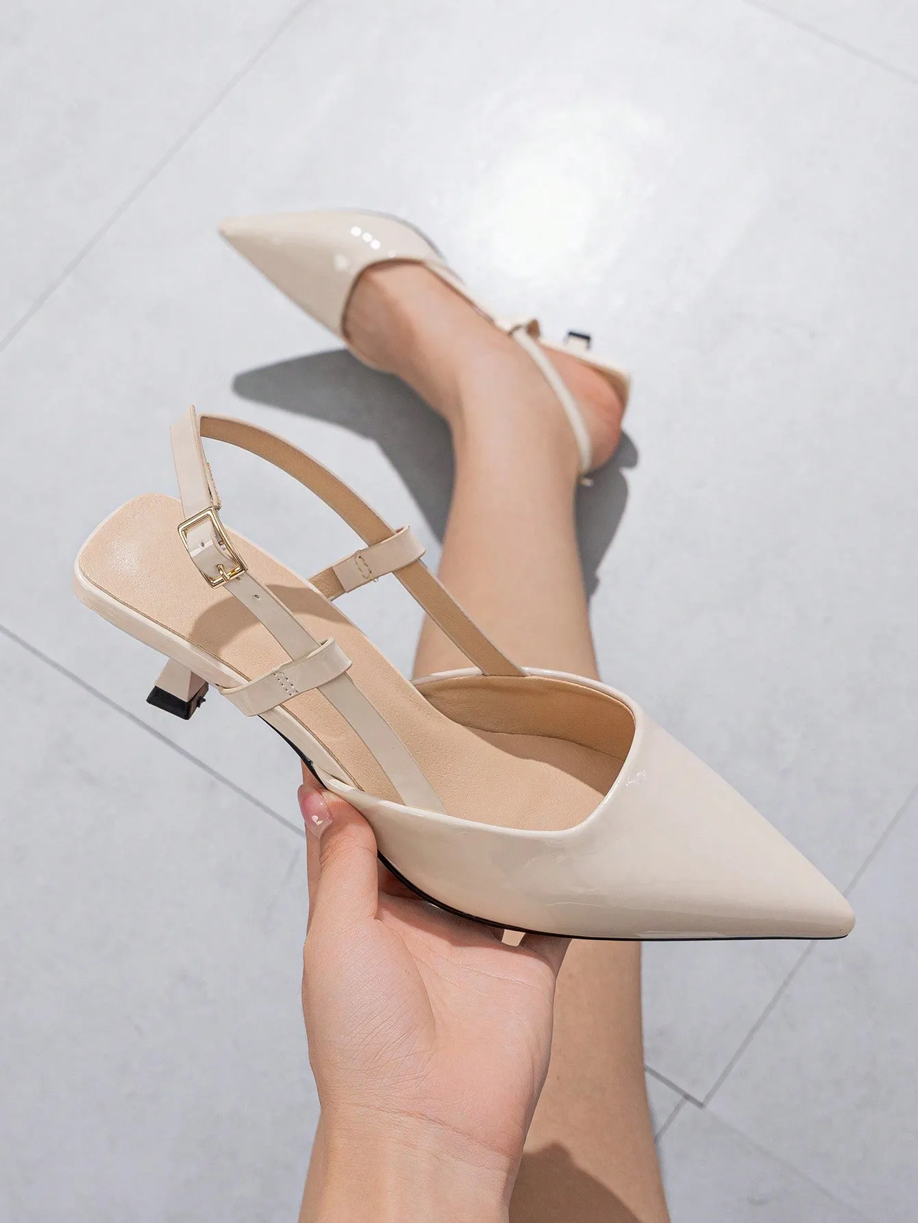 Women's Pointed Toe Buckle Strap Solid Color Low Heel Shoes, Fashionable Open Toe Slip-On Office Work Pumps Suitable For Spring Summer Autumn Winter Formal Occasions, Grey Dress Shoes