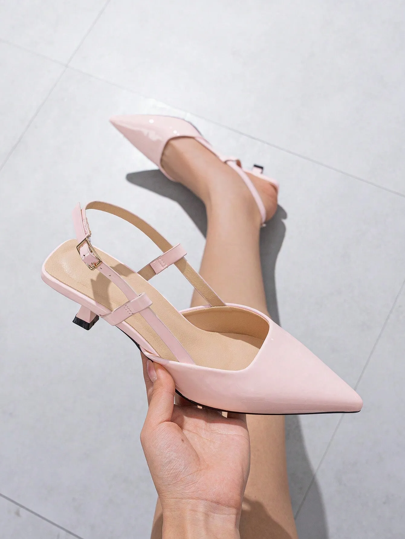 Women's Pointed Toe Buckle Strap Solid Color Low Heel Shoes, Fashionable Open Toe Slip-On Office Work Pumps Suitable For Spring Summer Autumn Winter Formal Occasions, Grey Dress Shoes
