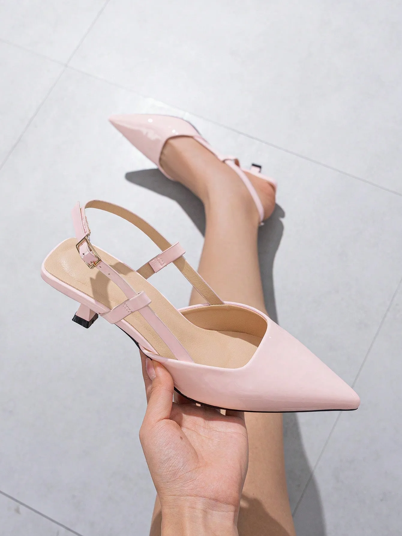 Women's Pointed Toe Buckle Strap Solid Color Low Heel Shoes, Fashionable Open Toe Slip-On Office Work Pumps Suitable For Spring Summer Autumn Winter Formal Occasions, Grey Dress Shoes