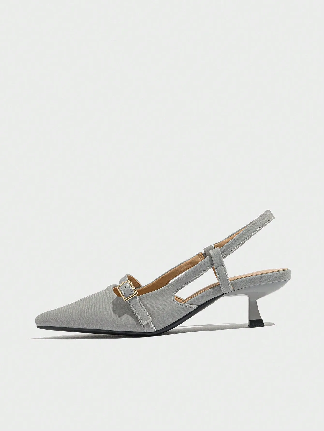 Women's Pointed Toe Buckle Strap Solid Color Low Heel Shoes, Fashionable Open Toe Slip-On Office Work Pumps Suitable For Spring Summer Autumn Winter Formal Occasions, Grey Dress Shoes