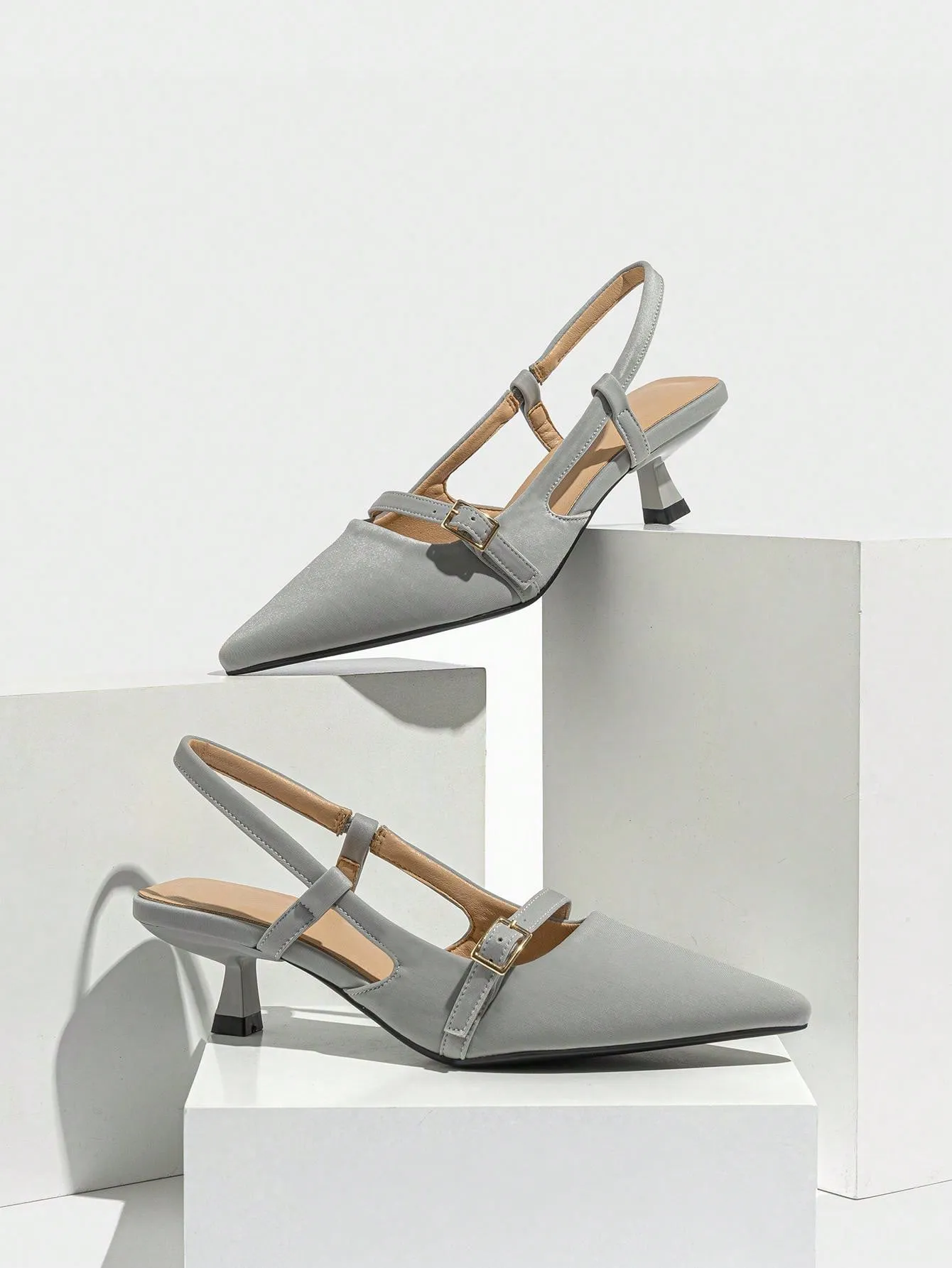 Women's Pointed Toe Buckle Strap Solid Color Low Heel Shoes, Fashionable Open Toe Slip-On Office Work Pumps Suitable For Spring Summer Autumn Winter Formal Occasions, Grey Dress Shoes
