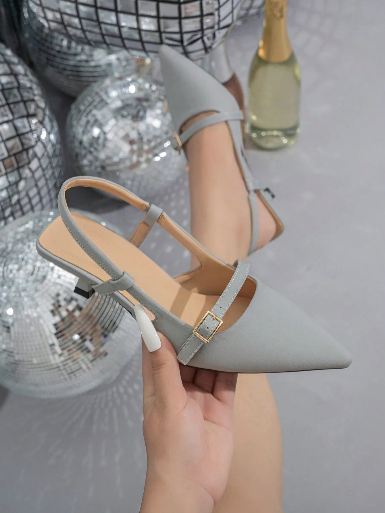 Women's Pointed Toe Buckle Strap Solid Color Low Heel Shoes, Fashionable Open Toe Slip-On Office Work Pumps Suitable For Spring Summer Autumn Winter Formal Occasions, Grey Dress Shoes