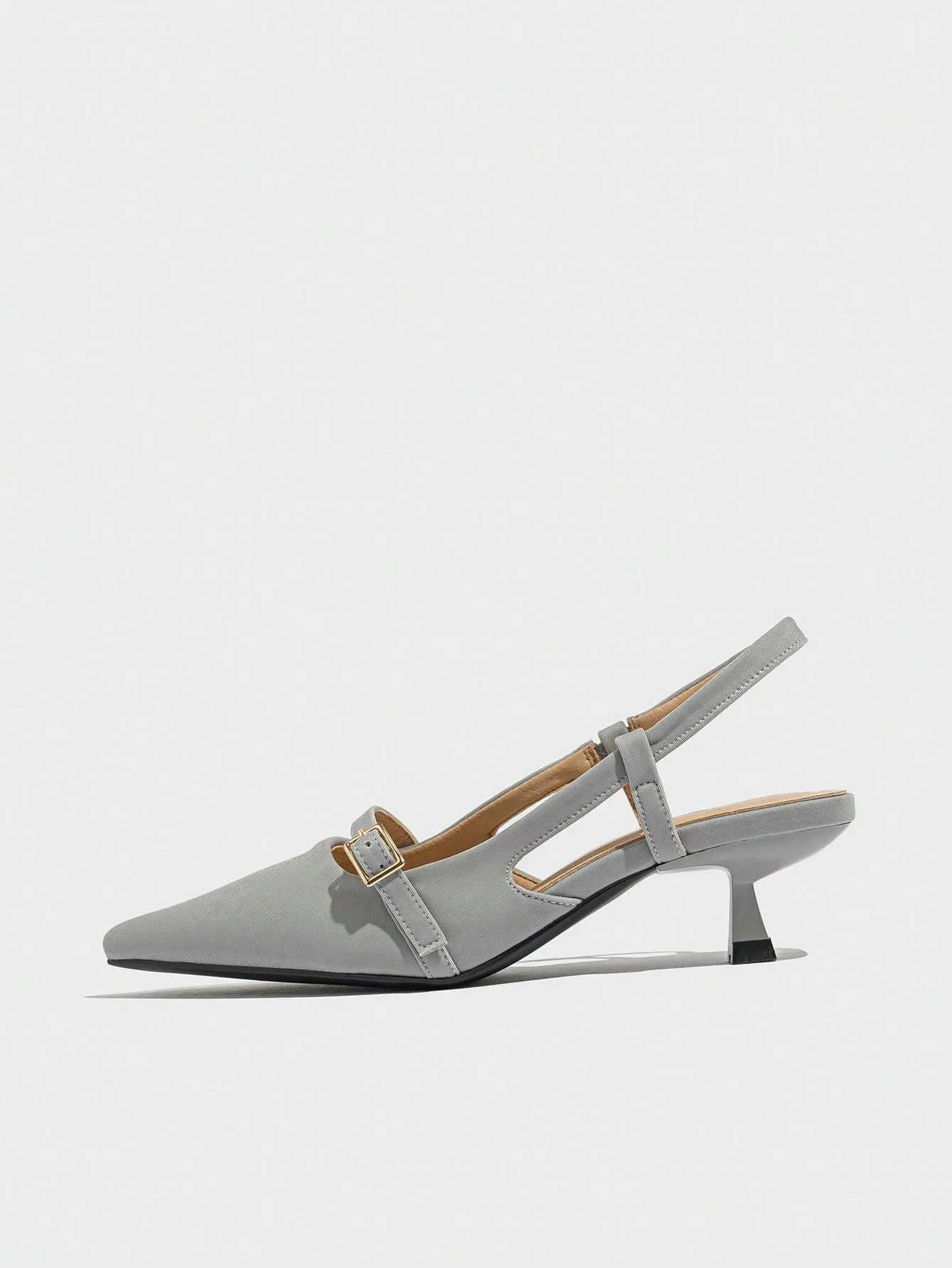 Women's Pointed Toe Buckle Strap Solid Color Low Heel Shoes, Fashionable Open Toe Slip-On Office Work Pumps Suitable For Spring Summer Autumn Winter Formal Occasions, Grey Dress Shoes