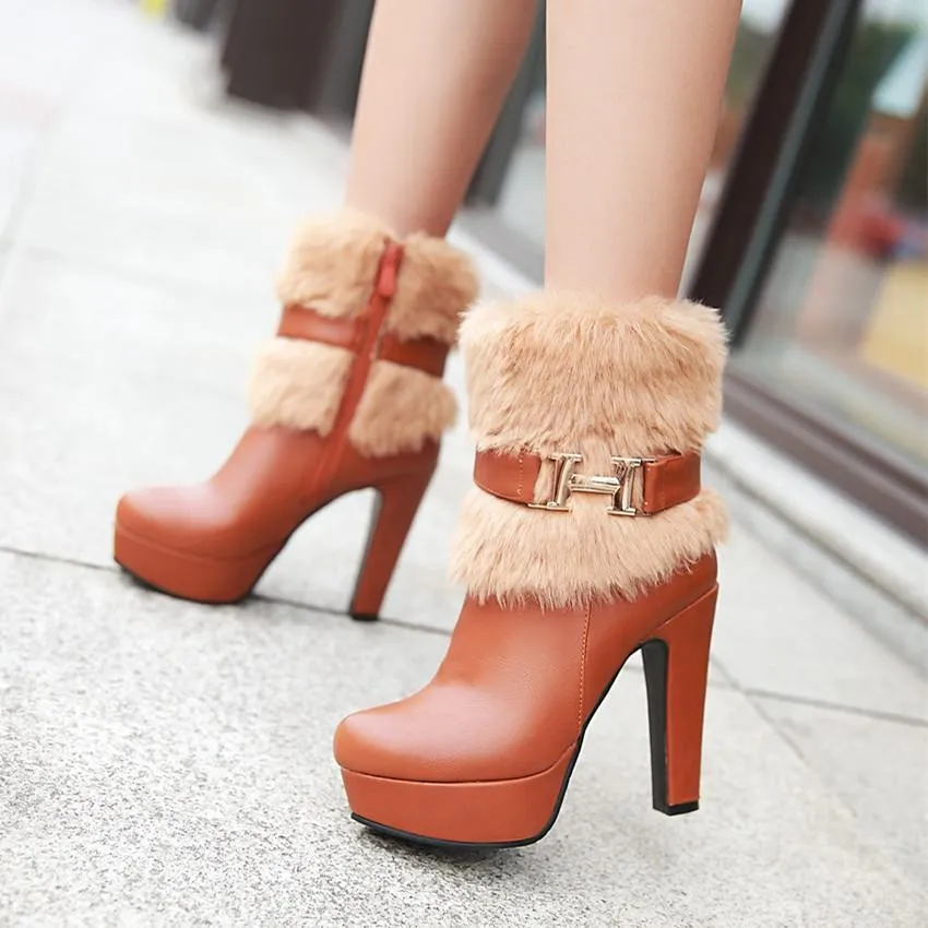 Women's Square Fur Platform Heels