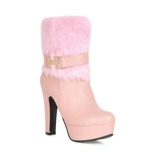 Women's Square Fur Platform Heels