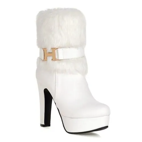 Women's Square Fur Platform Heels