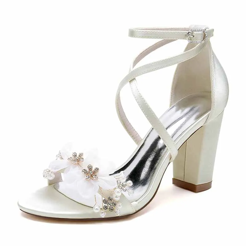 Women's Wedding Shoes Satin Block Heel Open Toe Wedding Sandals Bridal Shoes