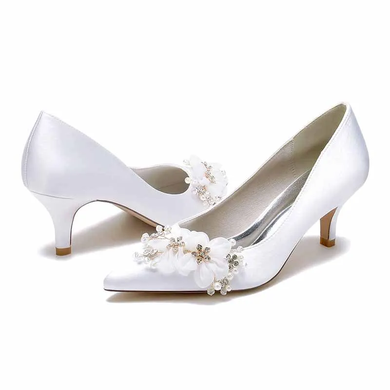 Women's Wedding Shoes Satin Kitten Heel Wedding Heels Bridal Shoes With Flower Pearl Rhinestone