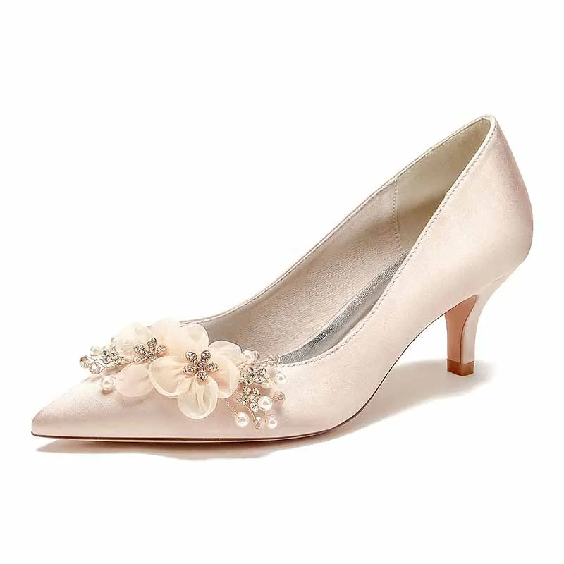 Women's Wedding Shoes Satin Kitten Heel Wedding Heels Bridal Shoes With Flower Pearl Rhinestone
