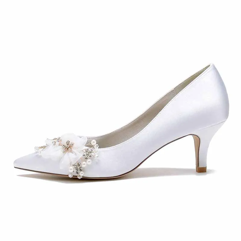 Women's Wedding Shoes Satin Kitten Heel Wedding Heels Bridal Shoes With Flower Pearl Rhinestone