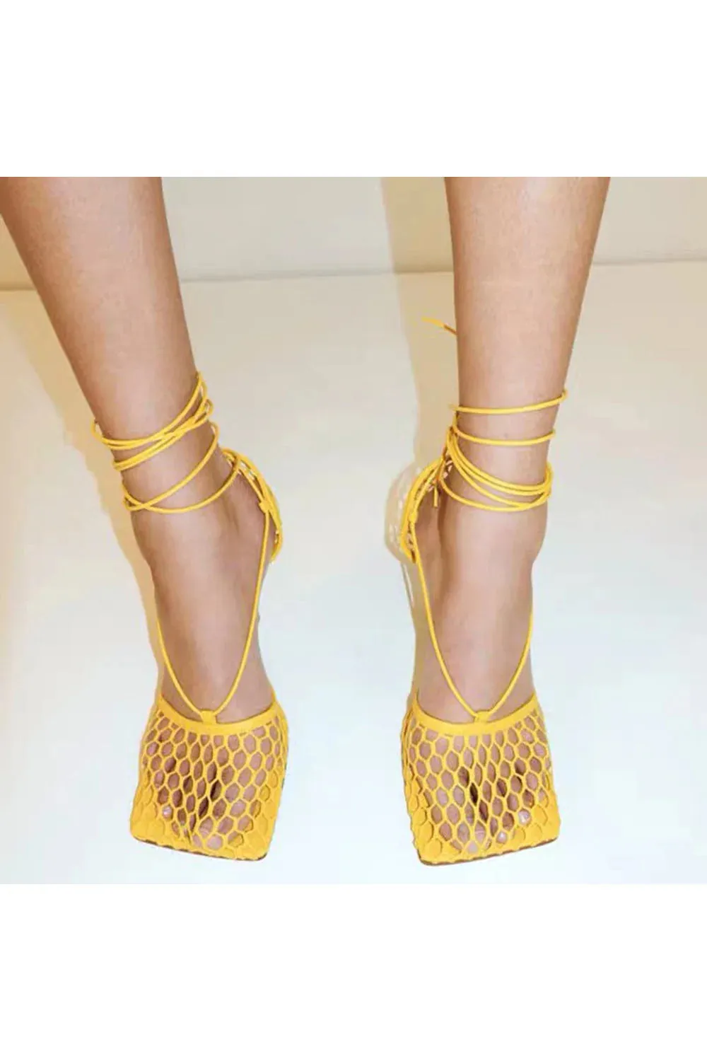 Yellow Stiletto Heel Lace Up Fishnet High Heel Sandals